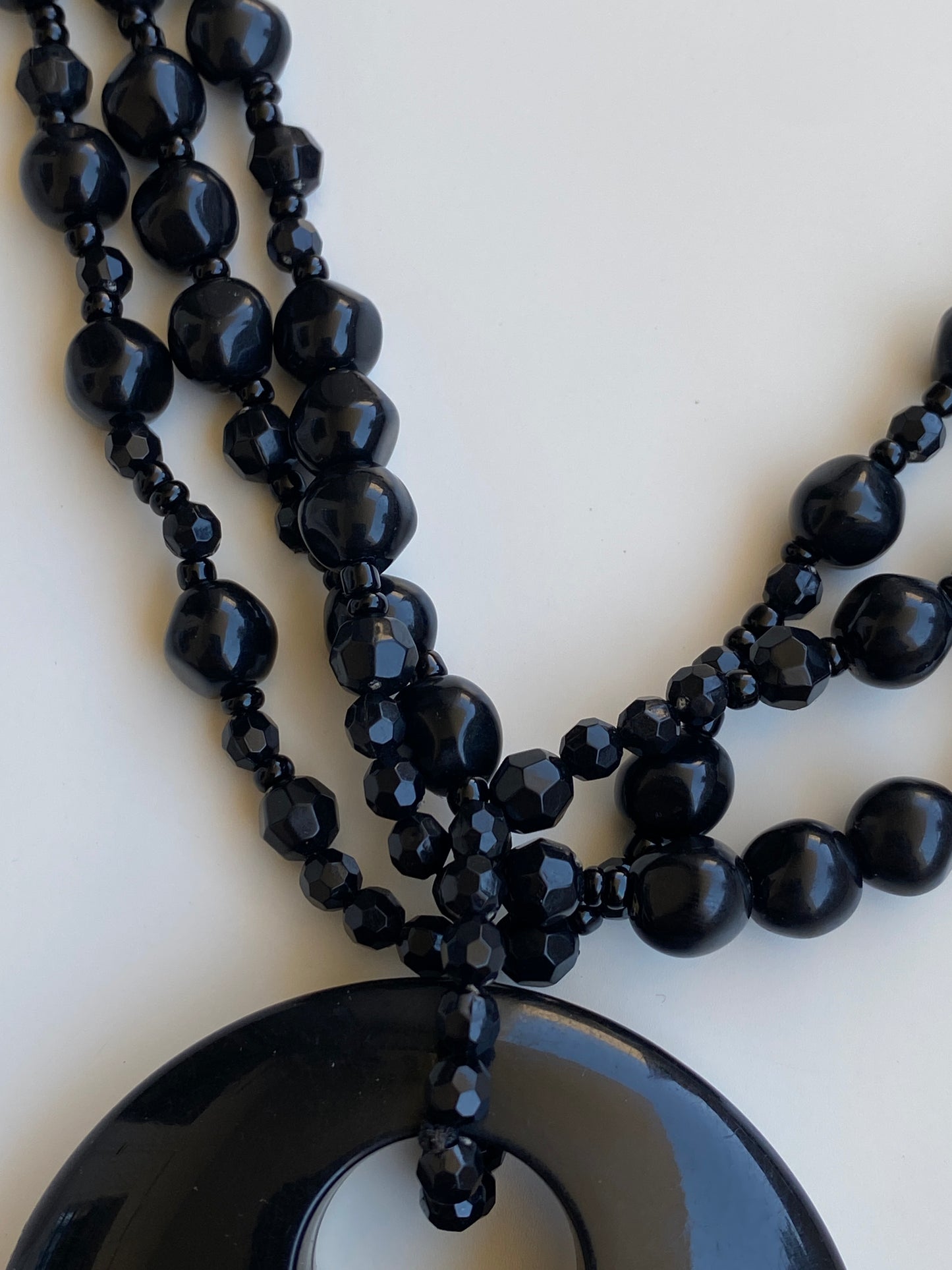 Y2K Black Multi-Strand Beaded Oversized Disc Pendant Necklace