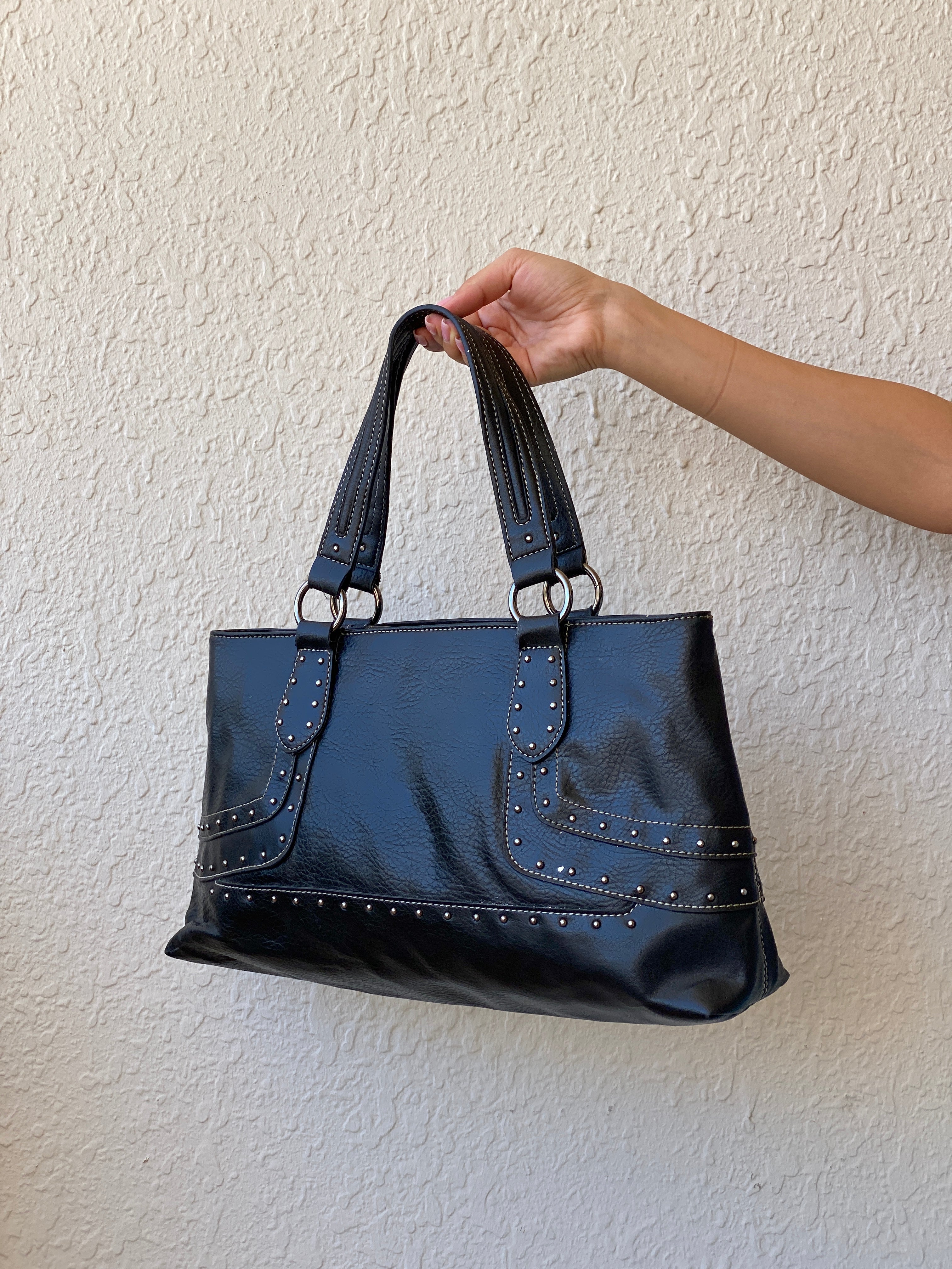 Nine West Faux Leather Studded Black Satchel Purse Women’s Shoulder Bag