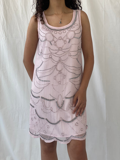Cache Cache Pink 20s Gatsby Deco Sleeveless Silver Beaded Sheath Midi Dress - M