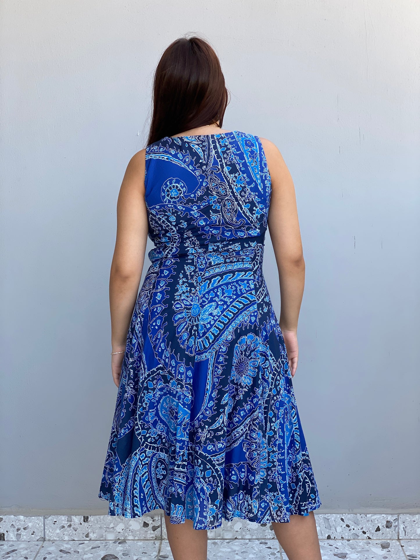 Vintage Y2K Jones New York Signature Blue Paisley Sleeveless Fit & Flare Dress - M