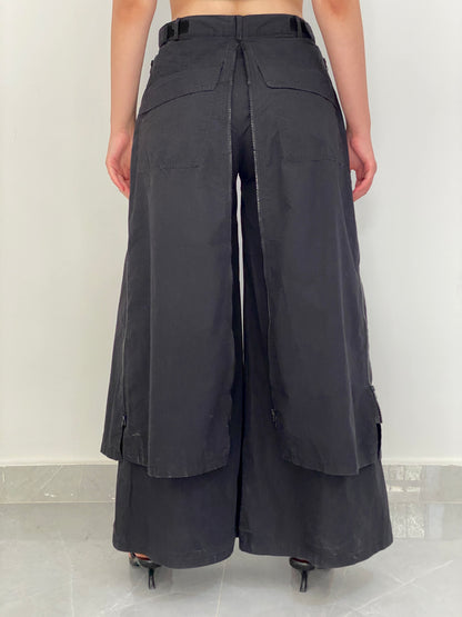 Vintage Y2K Mercy Black Wide-Leg Cargo Pants Zip-Up Skirt Overlay – M