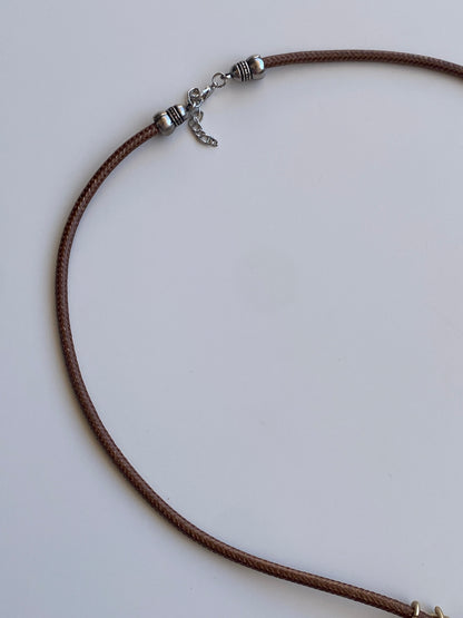 Vintage Y2K Boho Brown Cord Mixed-Media Gold-Tone Charm Statement Necklace