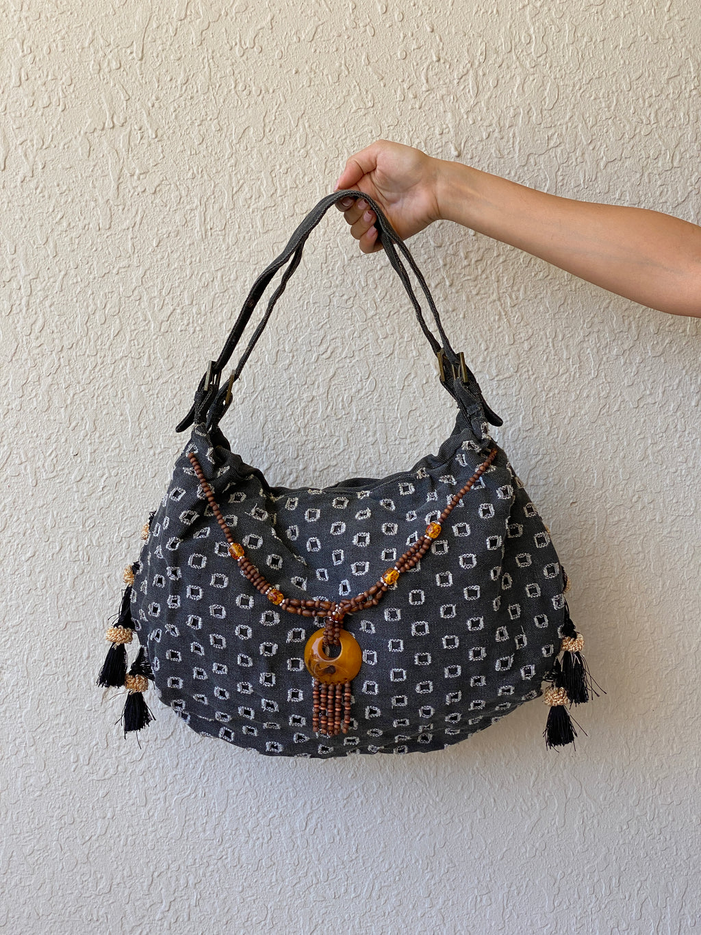 Y2K Gray Boho Hobo Denim Shoulder Bag With Side Fringes