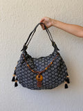 Y2K Gray Boho Hobo Denim Shoulder Bag With Side Fringes