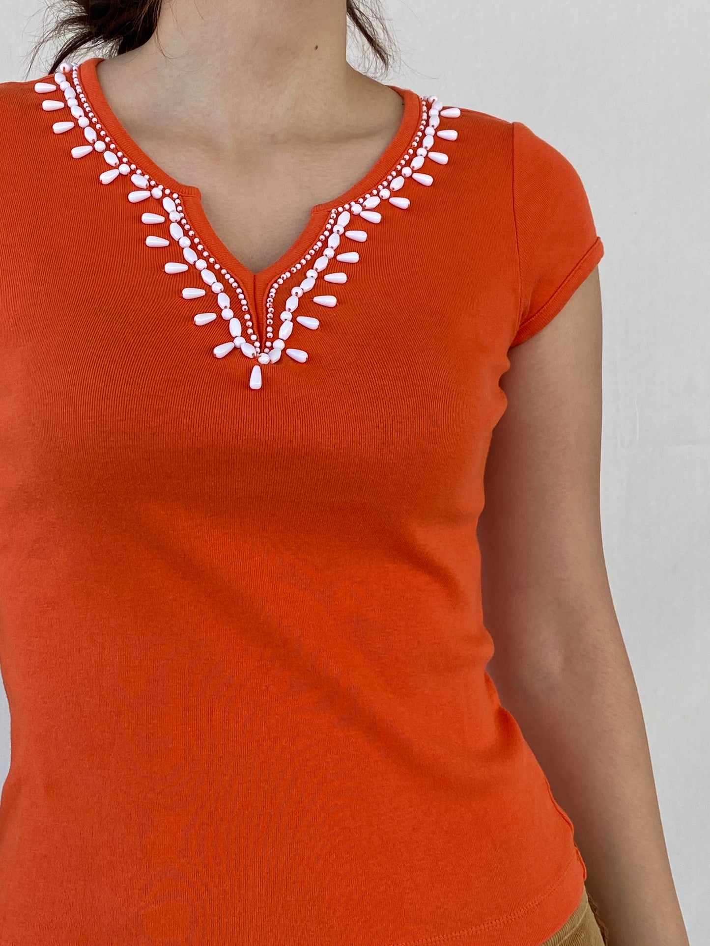 TALBOTS Women’s Beaded Collar  Orange Cotton Top - S