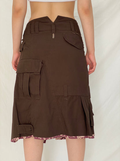 Vintage IKKS Brown Utility Wrap Asymmetric Cargo Midi Skirt – M