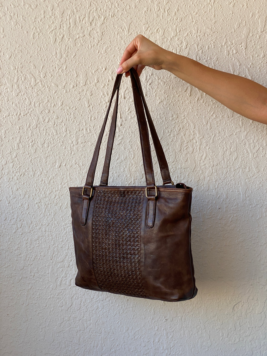 Vintage Distressed Brown Genuine Indian Woven Leather Tote Shoulder Bag