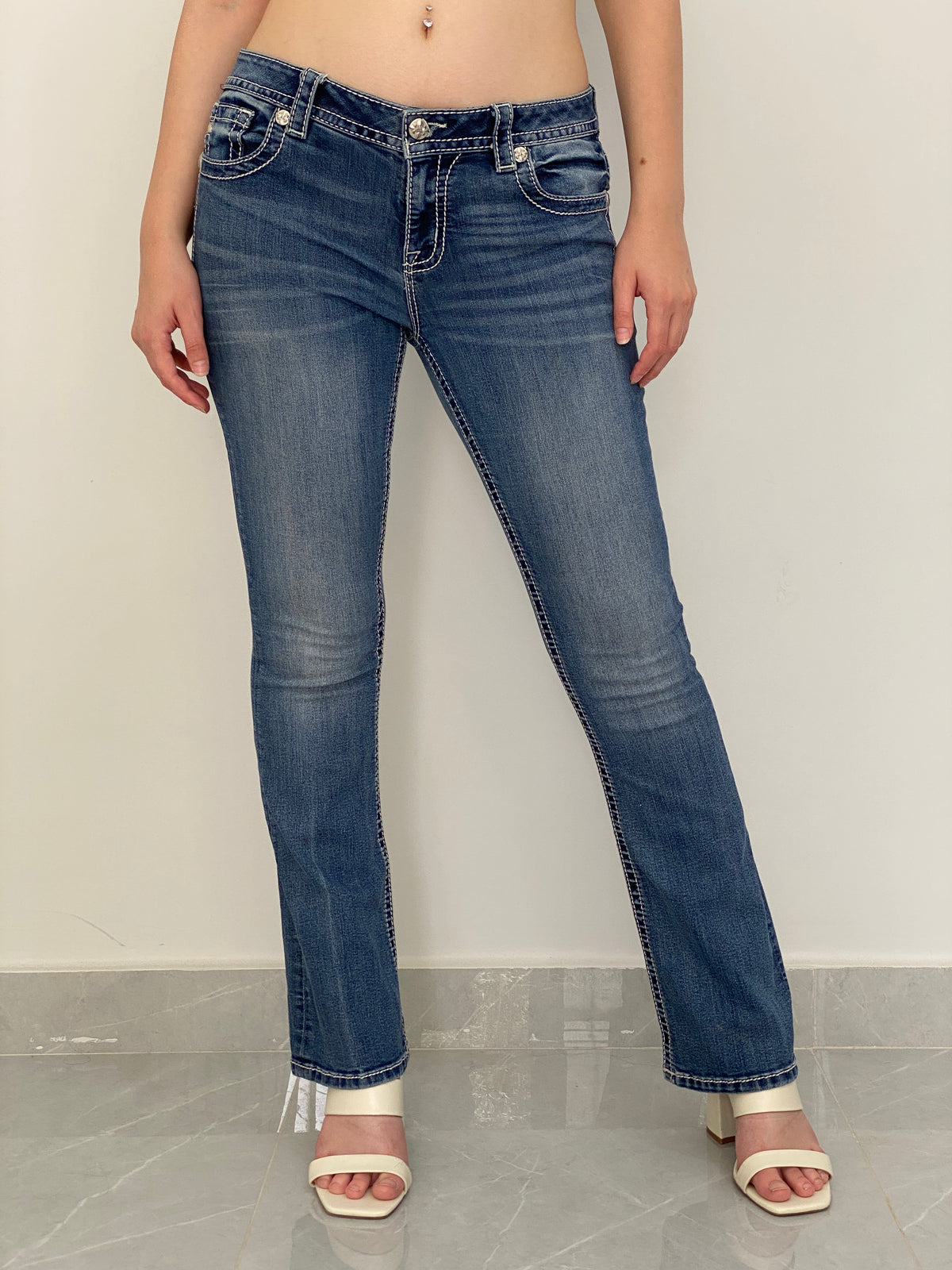 Vintage Y2K Miss Me Medium Wash Embroidered Low-Rise Bootcut Jeans - 38EUR