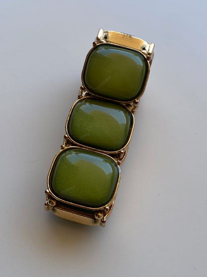 Vintage Y2K Olive Green Lucite Cabochon Gold-Tone Stretch Statement Bracelet
