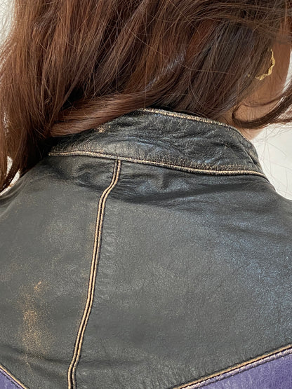 Vintage Miss Sixty Distressed Genuine Leather Moto Jacket Y2K Chevron Colorblock Biker - M