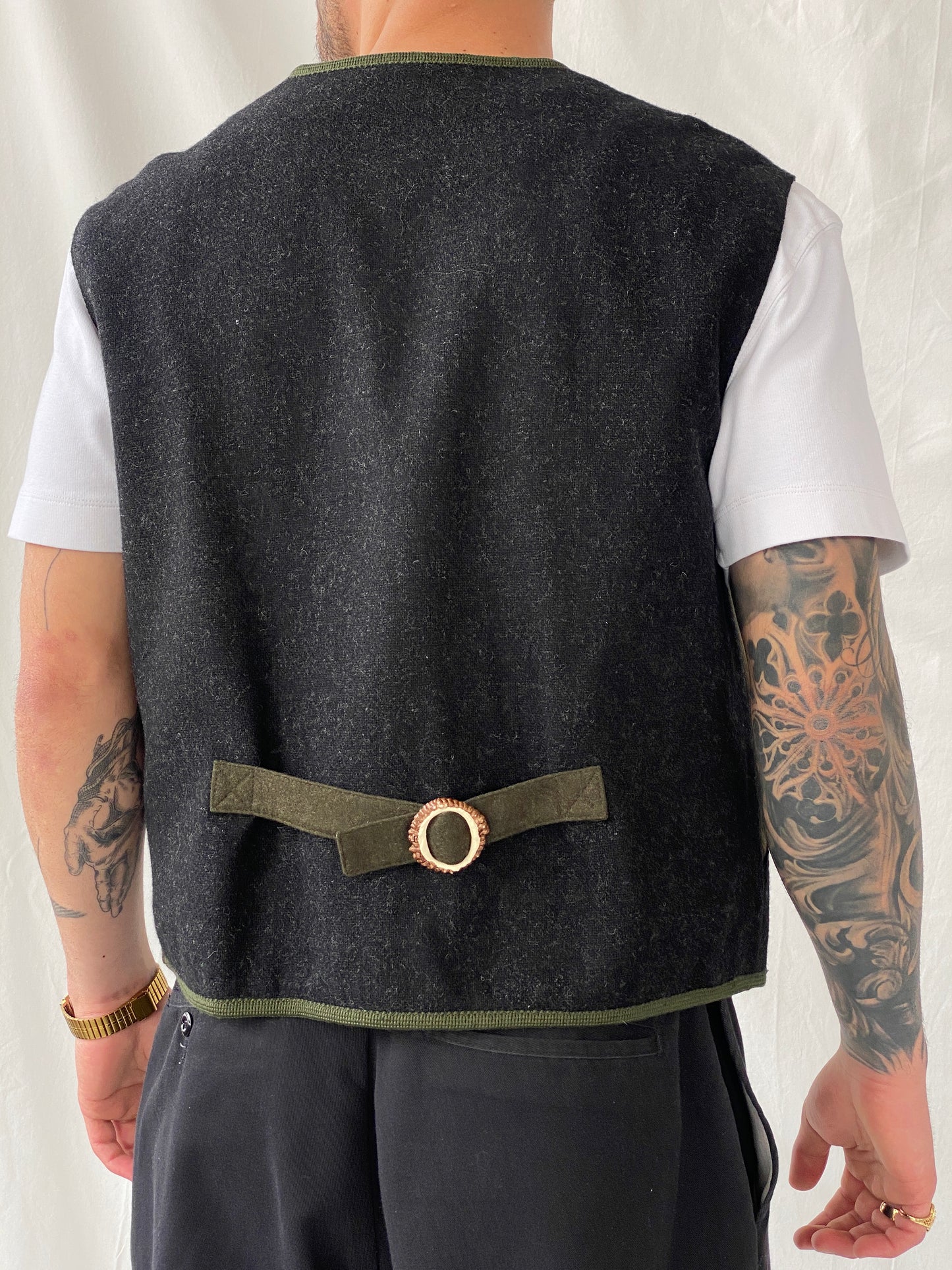 Vintage 90s Salzburger Loden Look Wool Blend Black With Embroidery Vest - XL