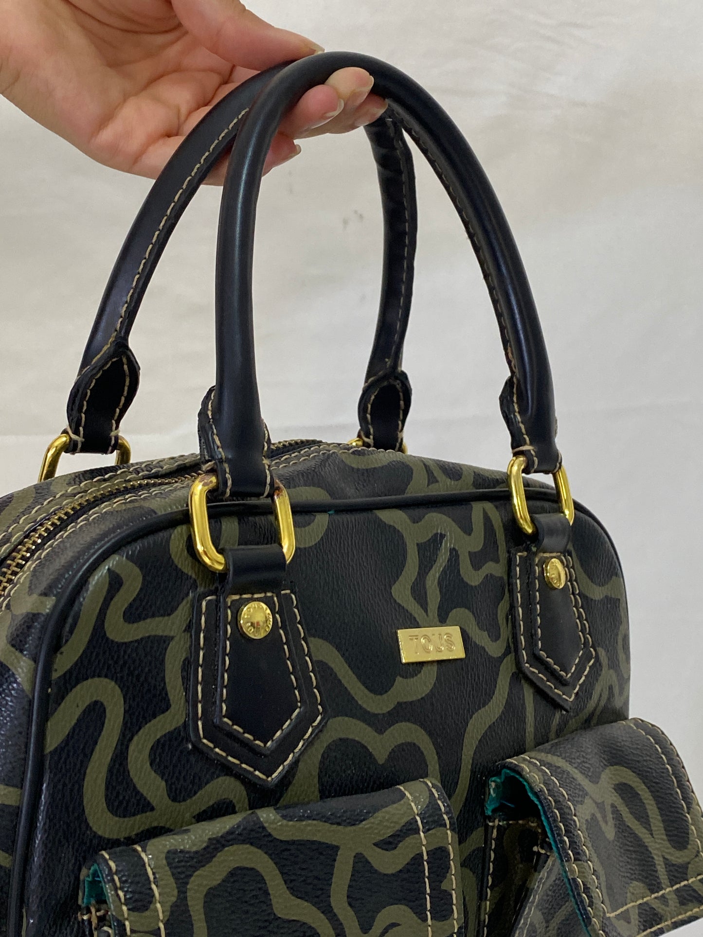 TOUS Kaos Monogram Satchel Bag Black Khaki Bear Logo Bowling Top Handle Purse