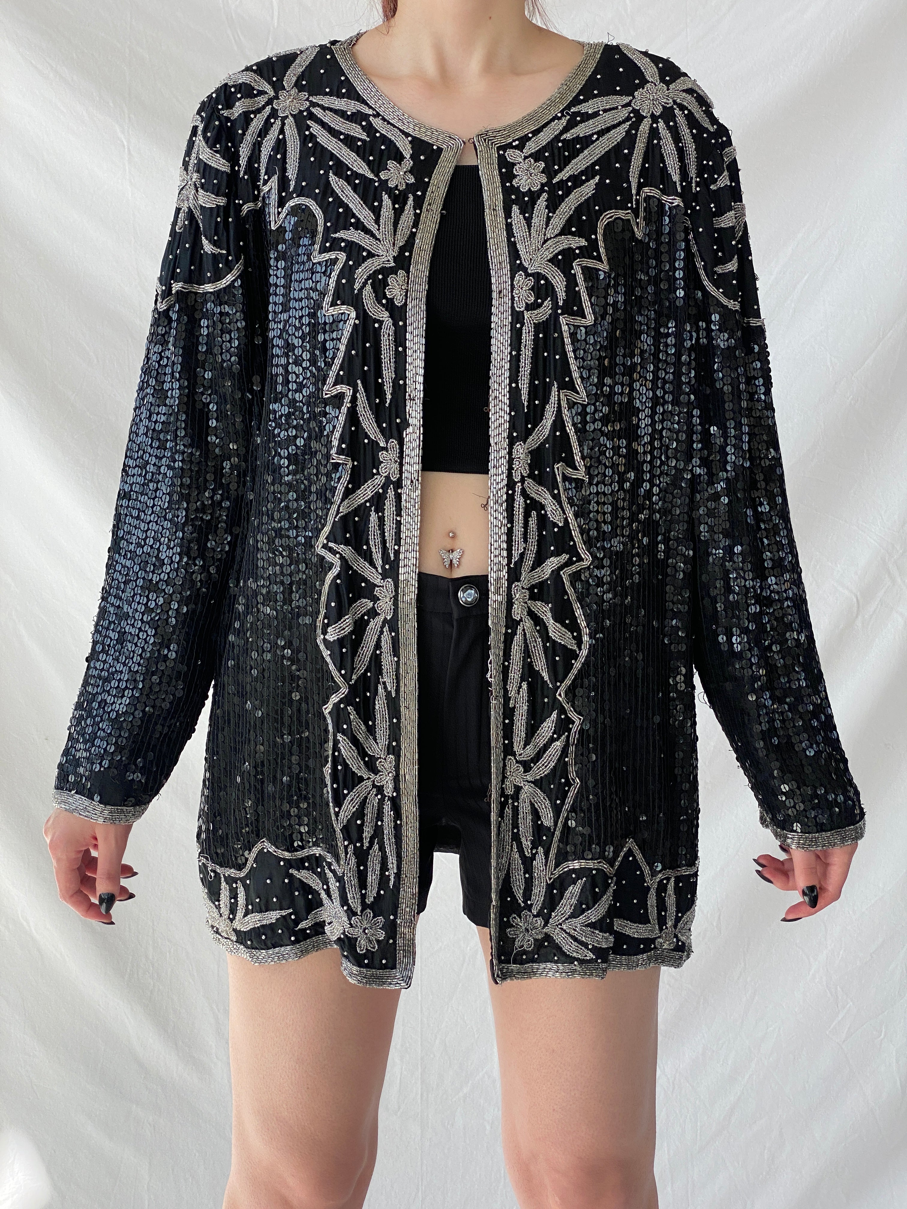 Vintage 80s Midnight Run Black Silver Sequin Beaded Silk Blazer Sparkle Party Jacket - XL