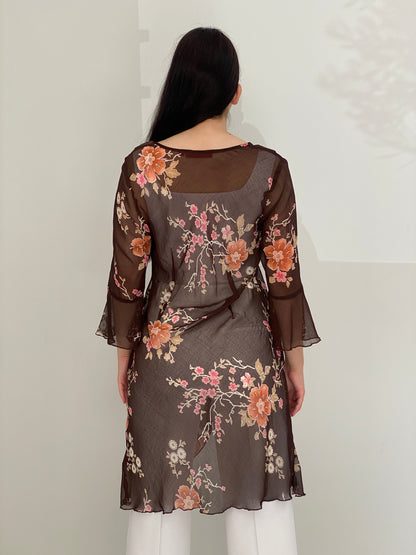 Y2K Une Mode Pour Moi Brown Sheer Floral Wrap Tunic Top – M