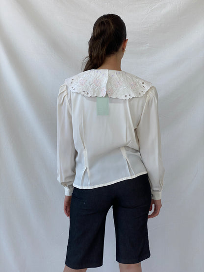 00s FIRAS Embroidered Oversized Collar Ivory Victorian Blouse - M