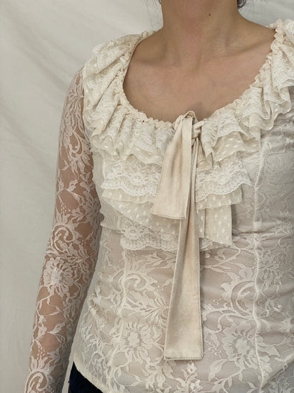 Vintage Favori Ivory Lace Ruffle Top Sheer Romantic Coquette Y2K Blouse - S