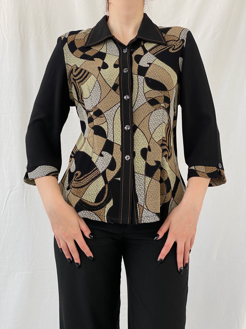Vintage Telihuang Black and Beige Women’s Abstract Design Shimmery Buttoned Shirt - XL