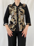 Vintage Telihuang Black and Beige Women’s Abstract Design Shimmery Buttoned Shirt - XL