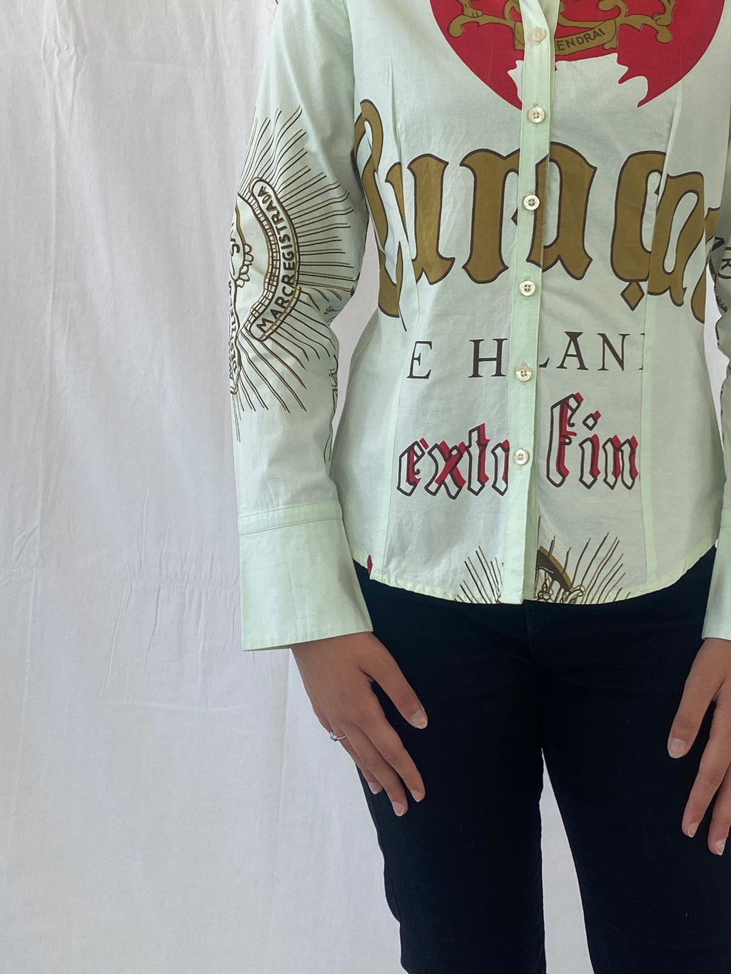 Y2K LAGA Mint Green Women’s Long Sleeve Button Up Graphic Cotton Shirt - M