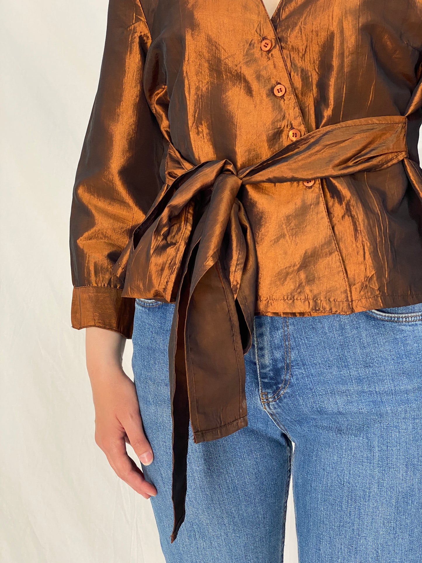 Vintage Pleno Bronze Metallic Wrap Blouse Tie Waist Shimmer Top - L