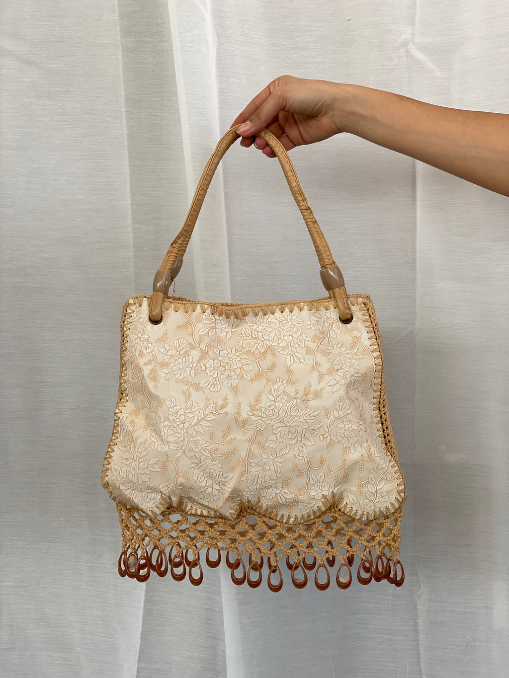 Y2K Beige Floral Embossed Canvas  Beaded Crochet Handbag