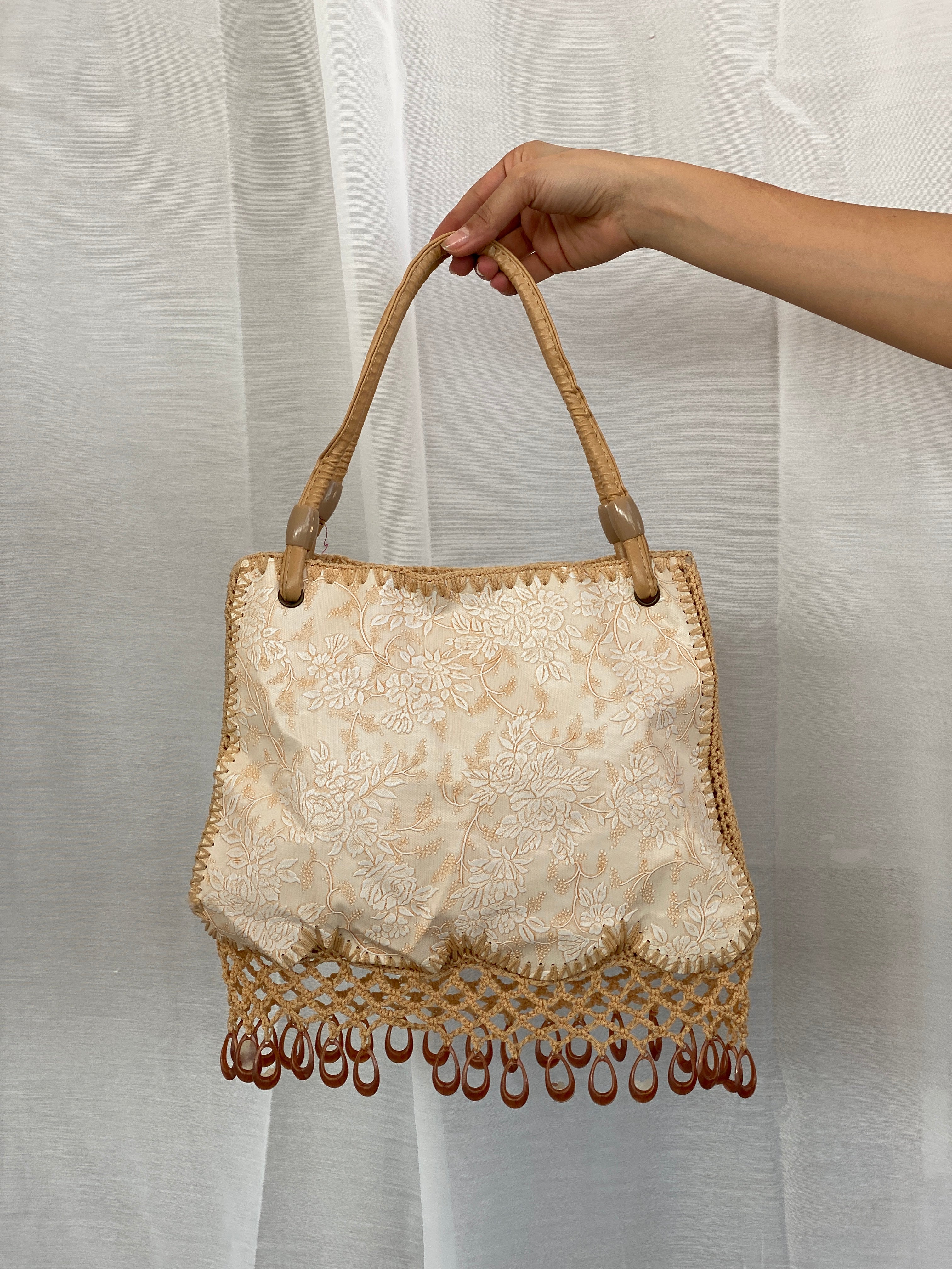 Y2K Beige Floral Embossed Canvas  Beaded Crochet Handbag