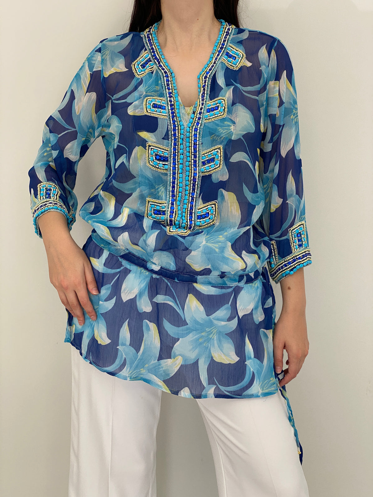 Vintage Y2K Key Lime & Pink Blue Floral Beaded Sheer Boho Tunic Top - L