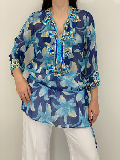 Vintage Y2K Key Lime & Pink Blue Floral Beaded Sheer Boho Tunic Top - L