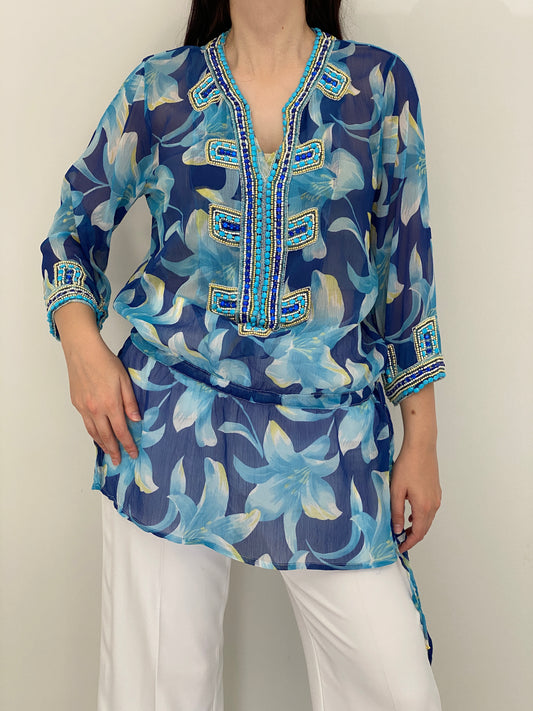 Vintage Y2K Key Lime & Pink Blue Floral Beaded Sheer Boho Tunic Top - L
