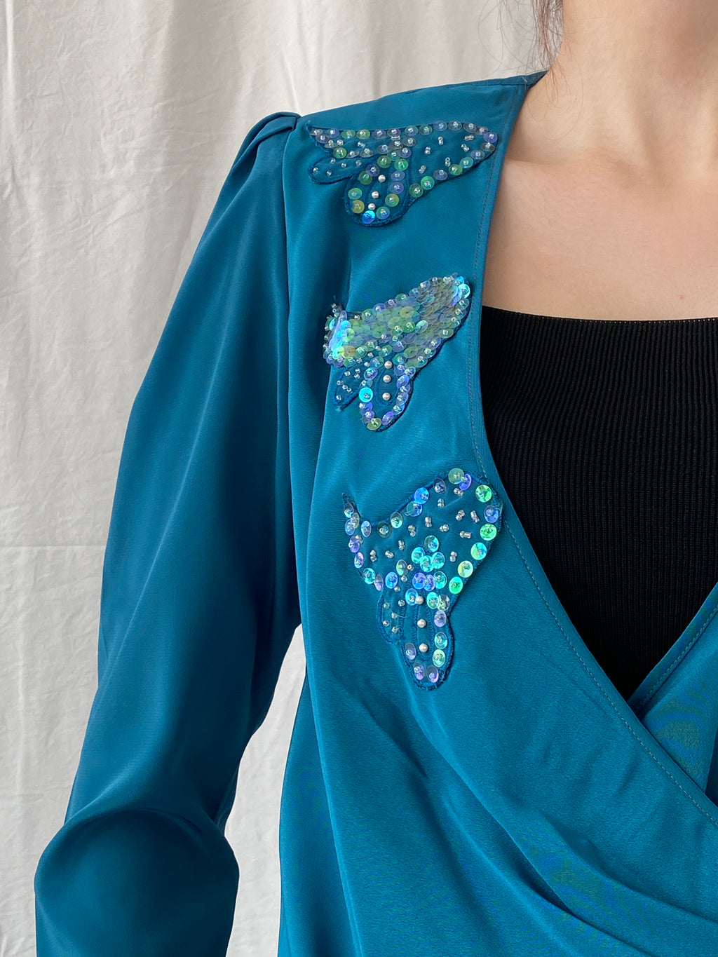 Vintage Handmade Turquoise Aqua Women’s Long Sleeve Sequin Party Wrap Blouse - M