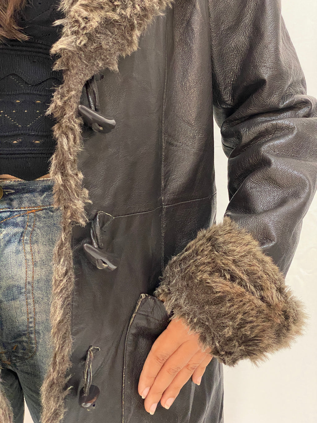 Vintage Genuine Leather Coat with Faux Fur Collar & Cuffs 70s Style Shearling Lined Brown Jacket - XL