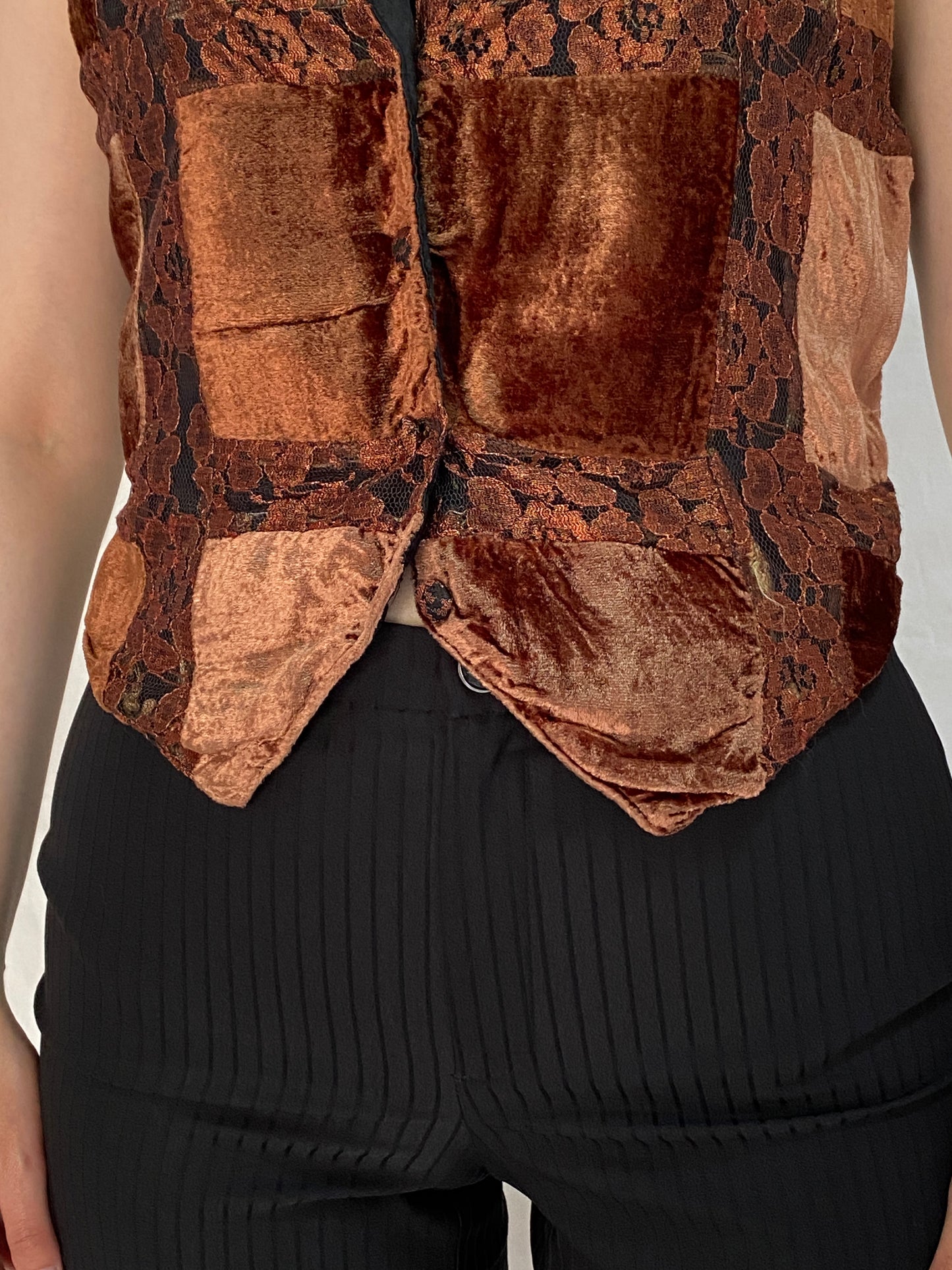 Vintage Y2K Brown Velvet Patchwork Lace Vest Boho Fairy Grunge Cropped Waistcoat Top – M