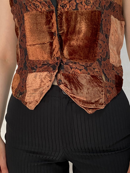 Vintage Y2K Brown Velvet Patchwork Lace Vest Boho Fairy Grunge Cropped Waistcoat Top – M