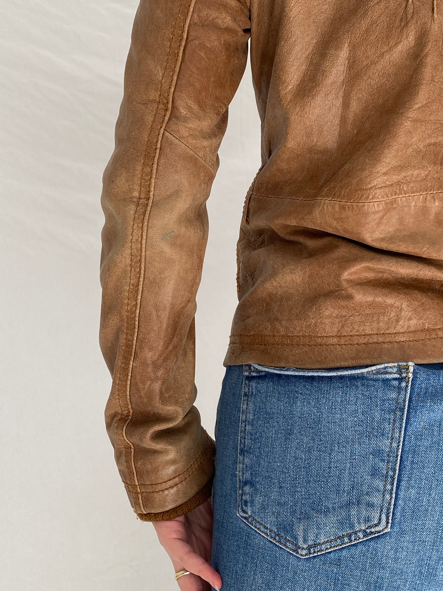 Vintage Y2K Stradivarius Brown Real Leather Moto Fitted Jacket - S