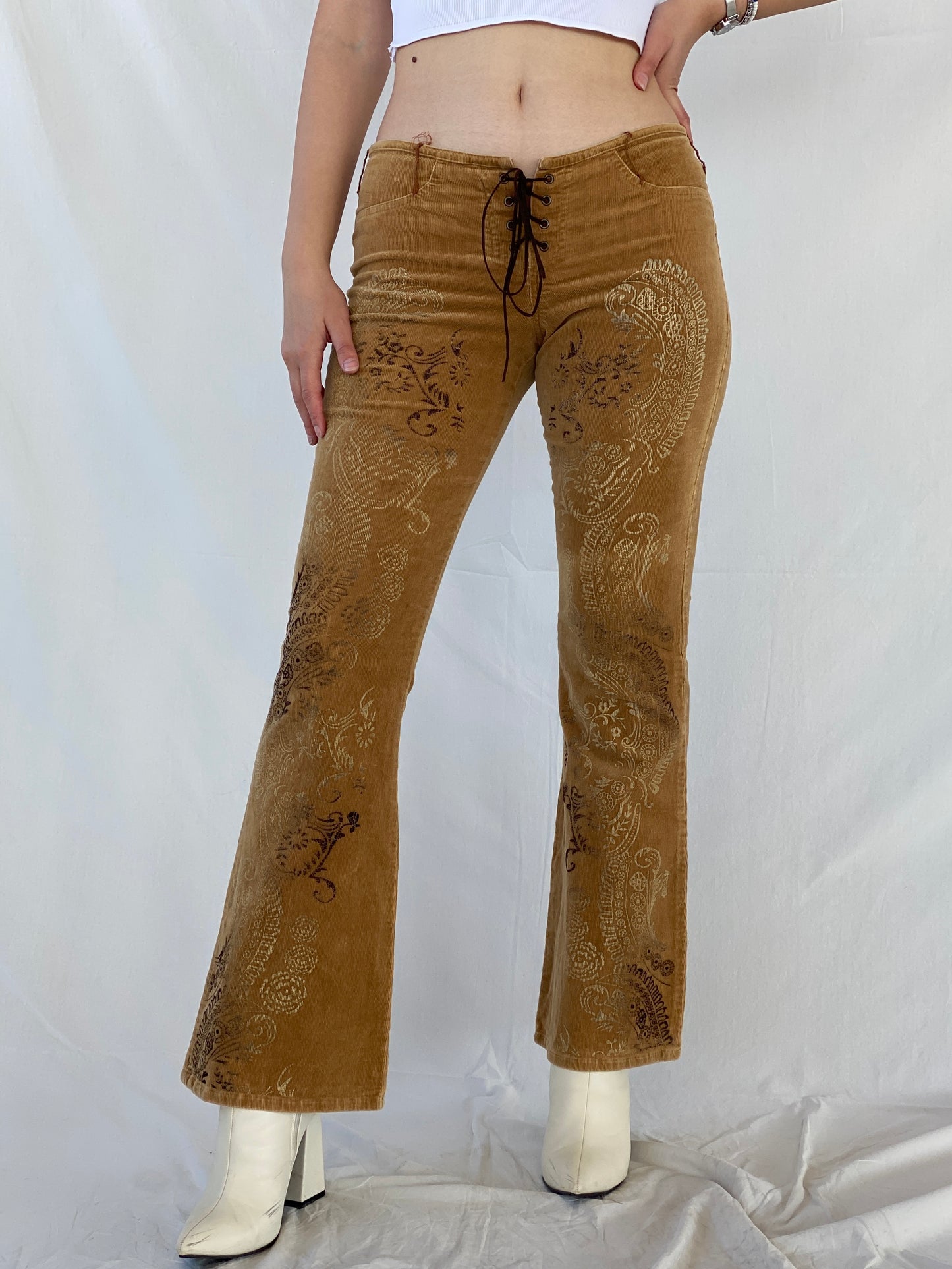 00s Toska Beige Graphic Western Style Low Rise Corduroy Pants - M