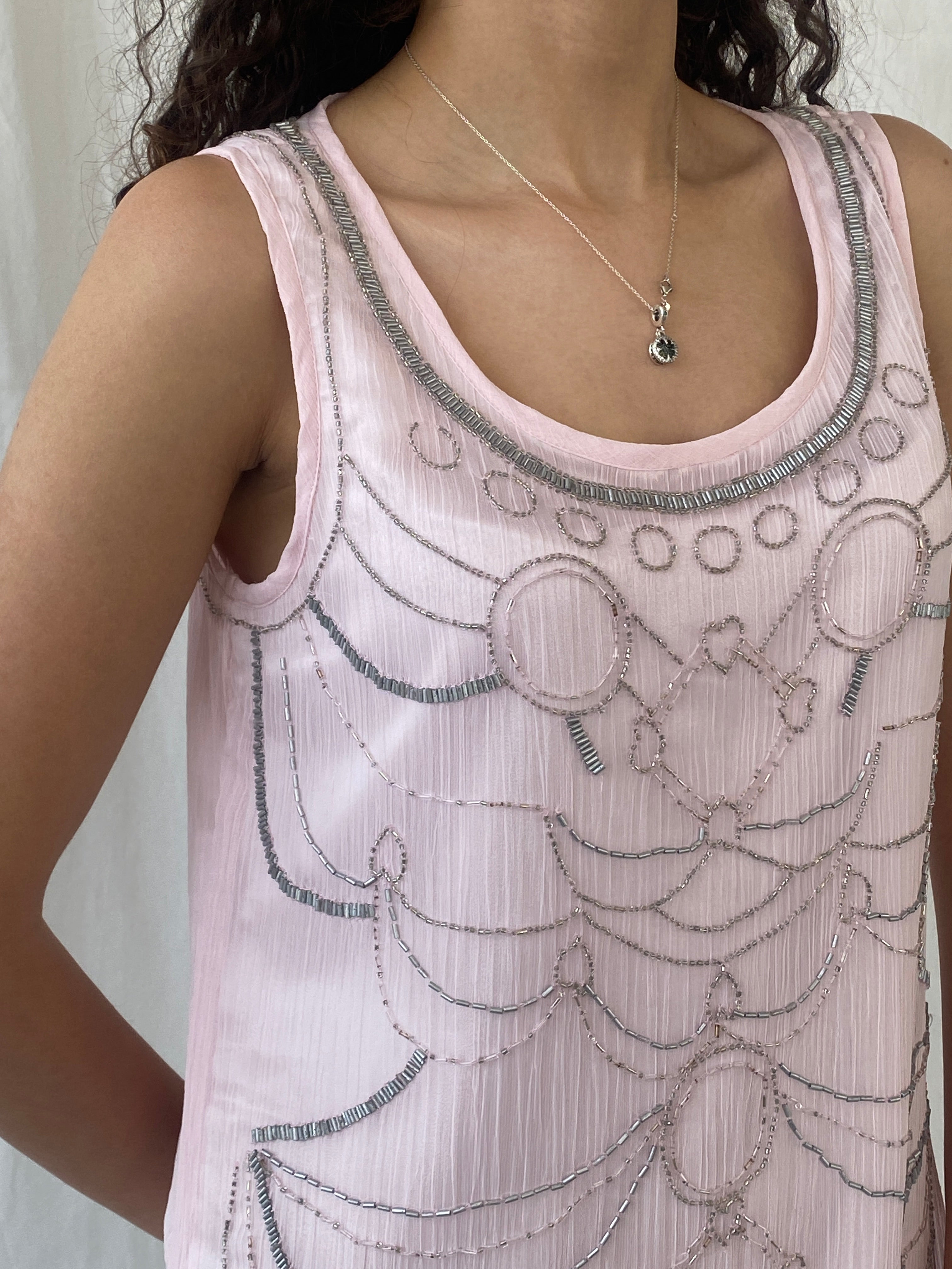 Cache Cache Pink 20s Gatsby Deco Sleeveless Silver Beaded Sheath Midi Dress - M