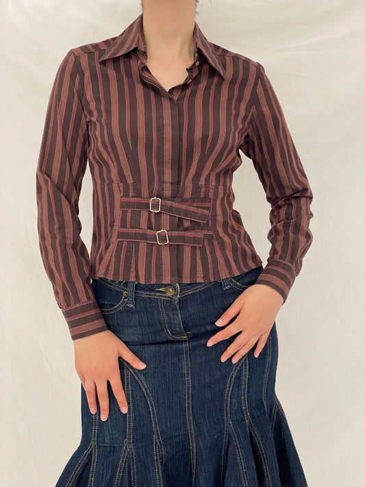 Vintage Y2K La Chemiserie dAVELINE Brown Stripe Buckle Waist Shirt - S