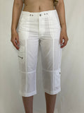 Y2K Essentials White Capri Cargo Cotton Pants Women’s Mid-Rise Cropped Utility Trousers - M
