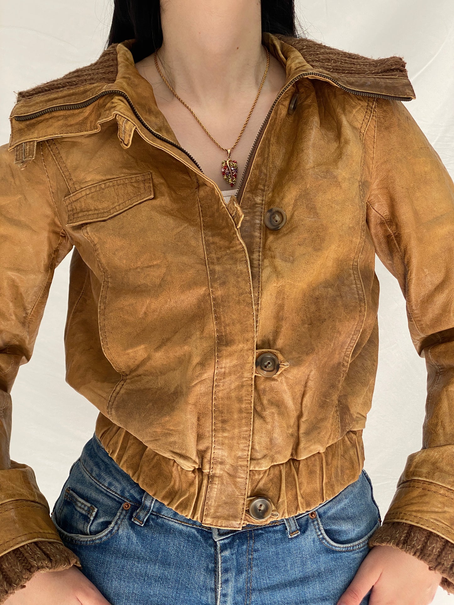 Y2K Jeim Basic Genuine Leather Tan Brown Distressed Cropped Jacket - S