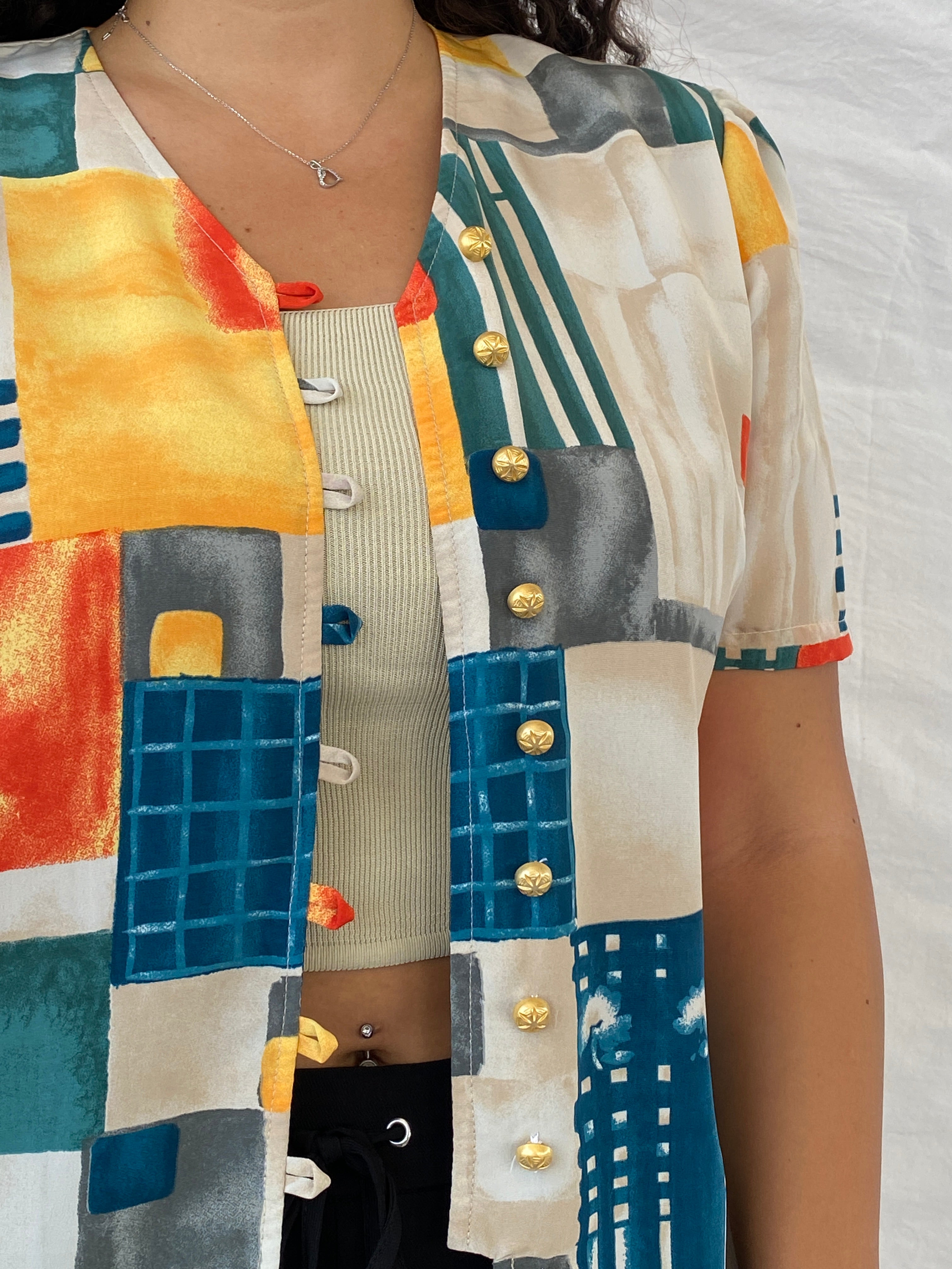 Vintage Handmade Abstract Multi-Colored Gold Buttoned Shirt - L