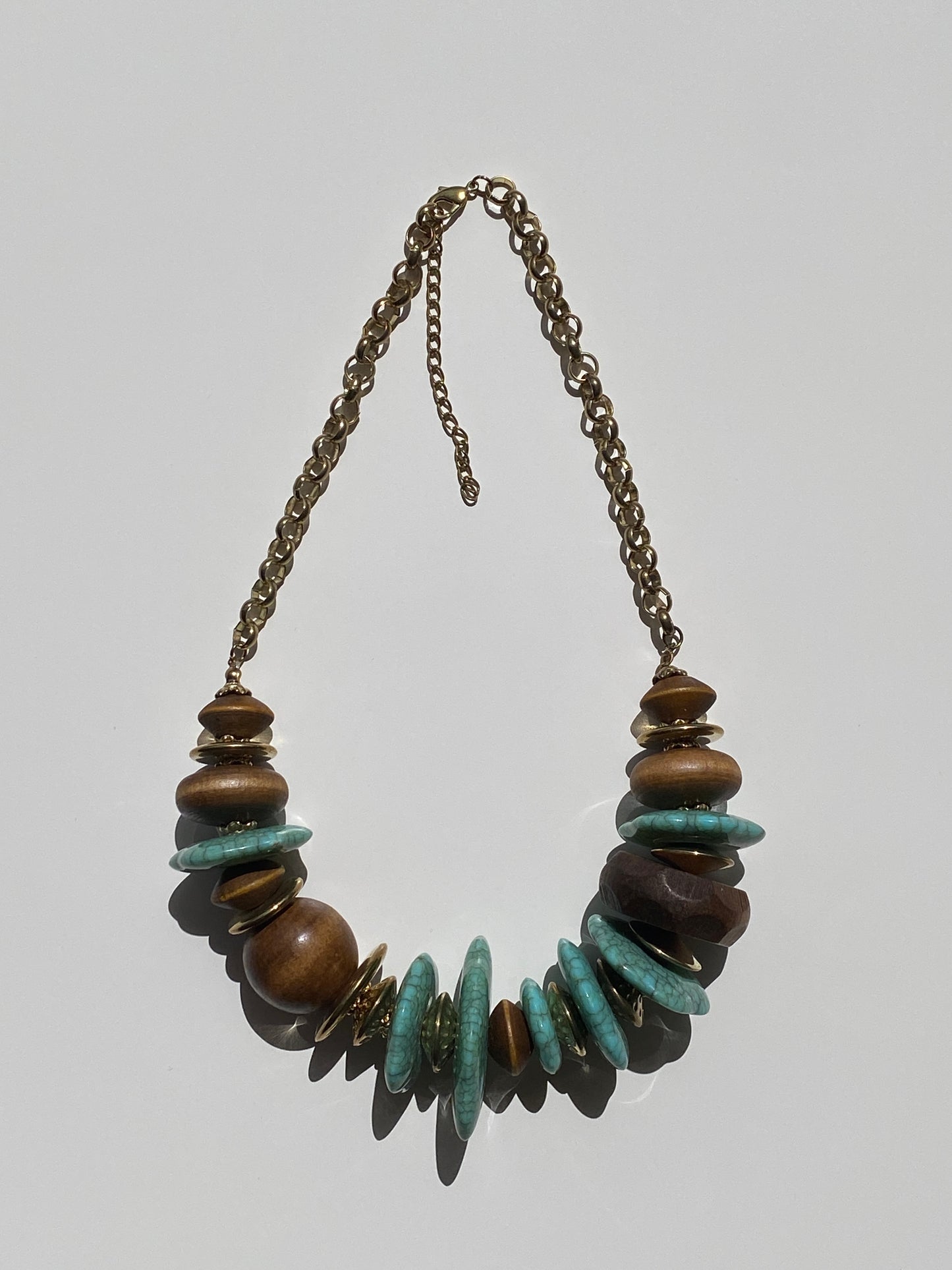 Vintage Boho Turquoise Disc Wood Bead Statement Chunky Necklace