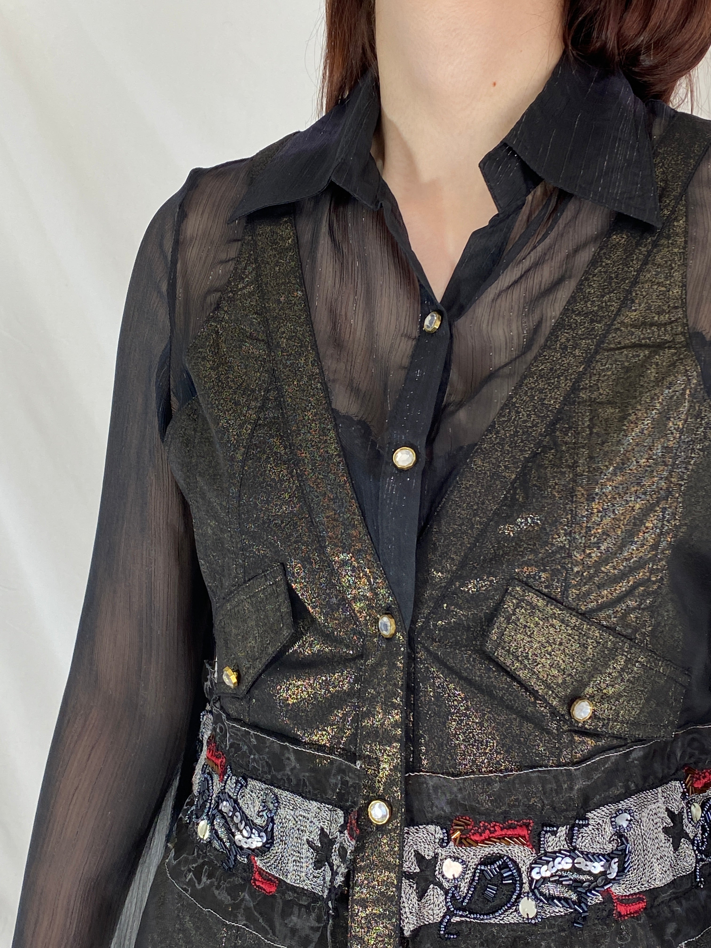 Vintage Farfalla Rosso Shimmery Whimsygoth Beaded Sheer Shirt Evening Top - XL
