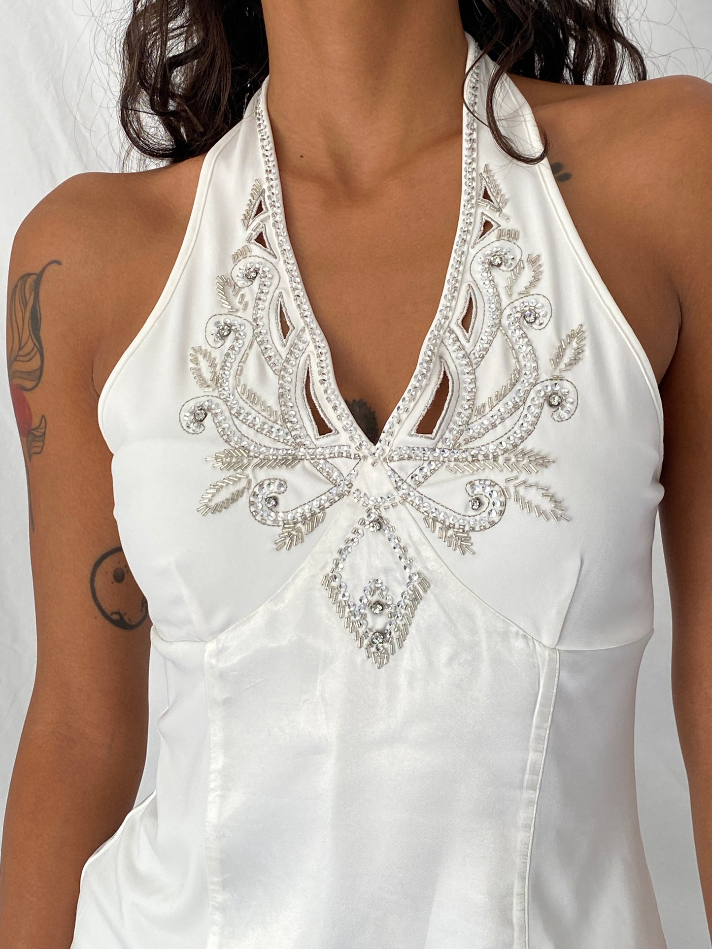 Y2K Next White Satin Rhinestone Beaded Halter Top - M