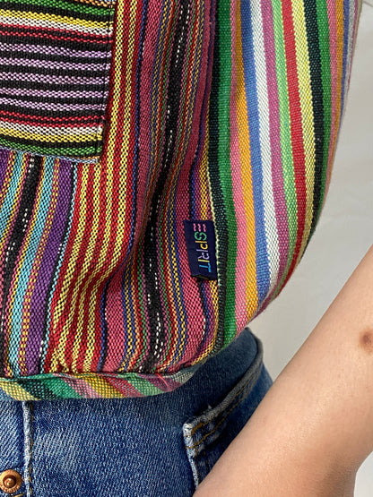 Vintage Esprit 100% Cotton Guatemalan Striped Vest Rainbow Boho Hippie Festival Open Front Waistcoat – M