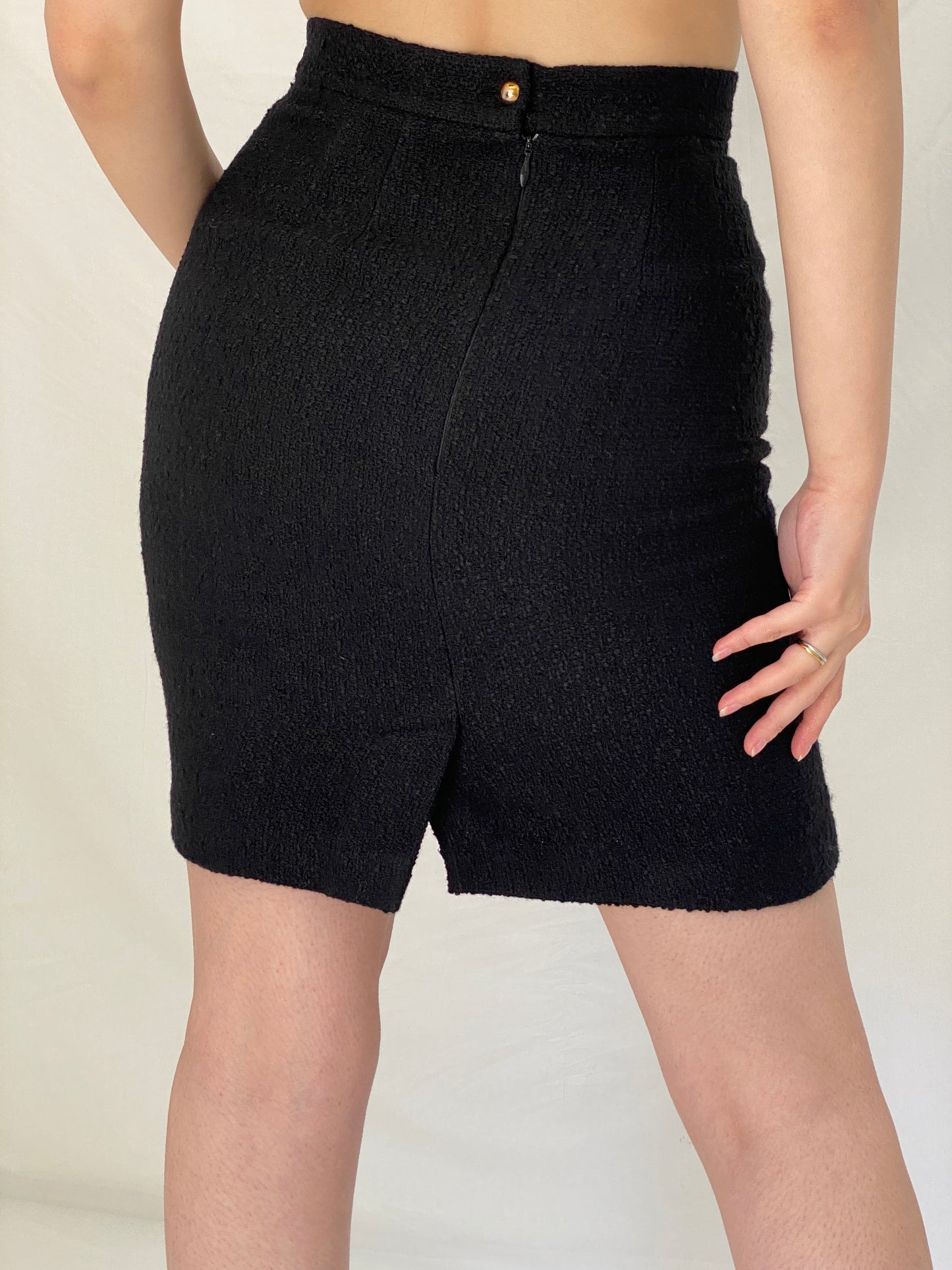 Vintage Directory Black Bouclé Blazer & Skirt Set - 90s Tailored Two Piece Suit, Gold Button Jacket, Minimalist Power Set - M