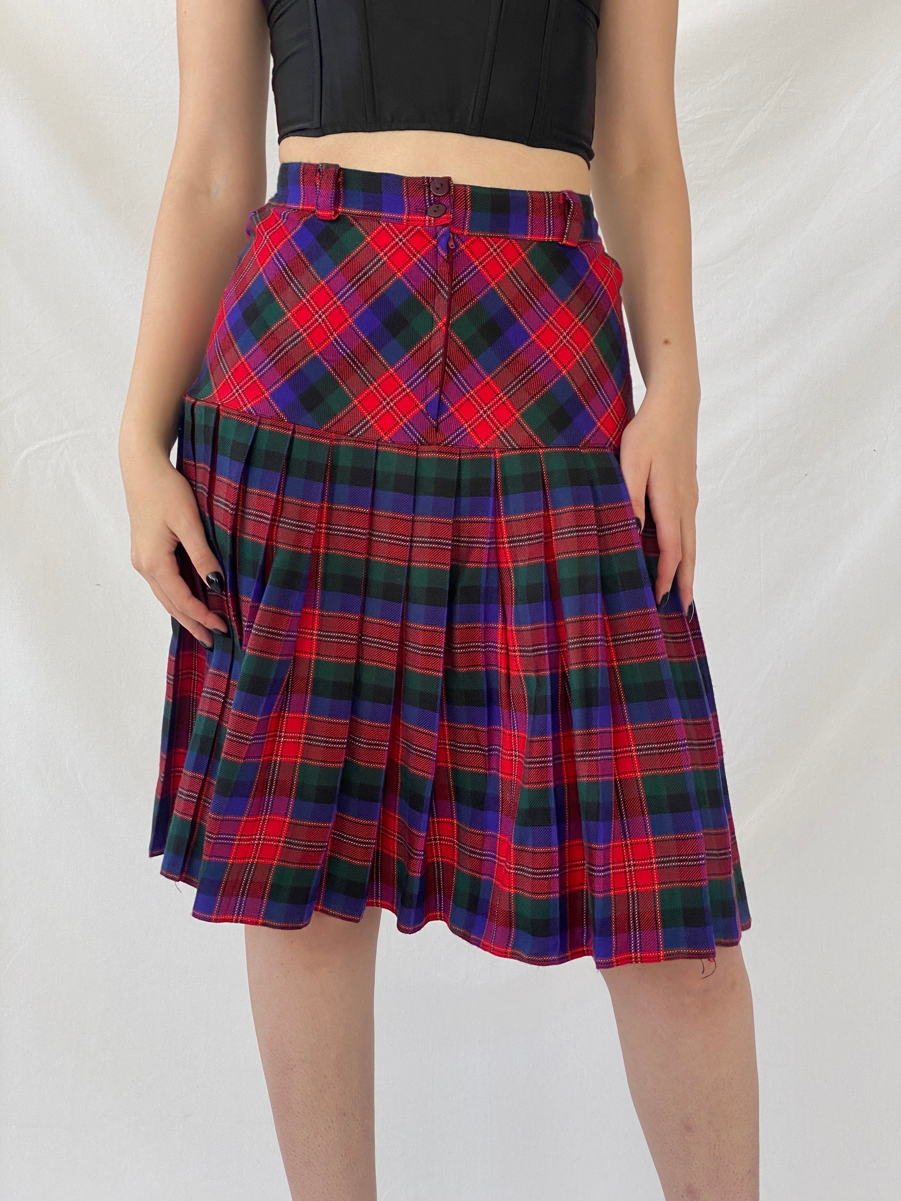 Vintage ABONE Giyim Plaid Pleated Red Wool Blend Midi Drop Waist Skirt - M