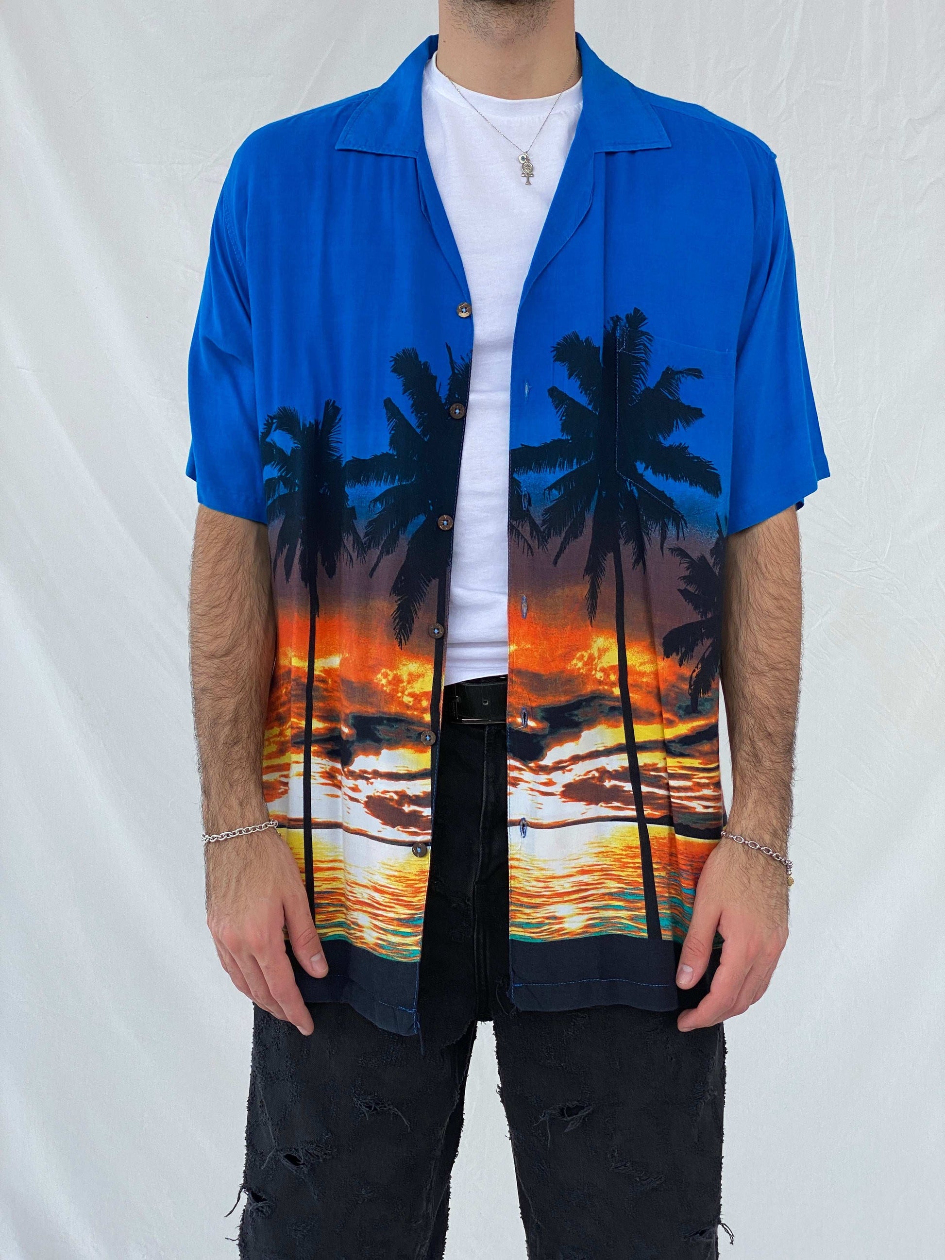 Favant Sunset Hawaiian Blue and Orange Shirt Size XL - Balagan Vintage Half Sleeve Top 90s, Awsam, half sleeve shirt, Hawaiian shirt, mens shirt, NEW IN, printed shirt