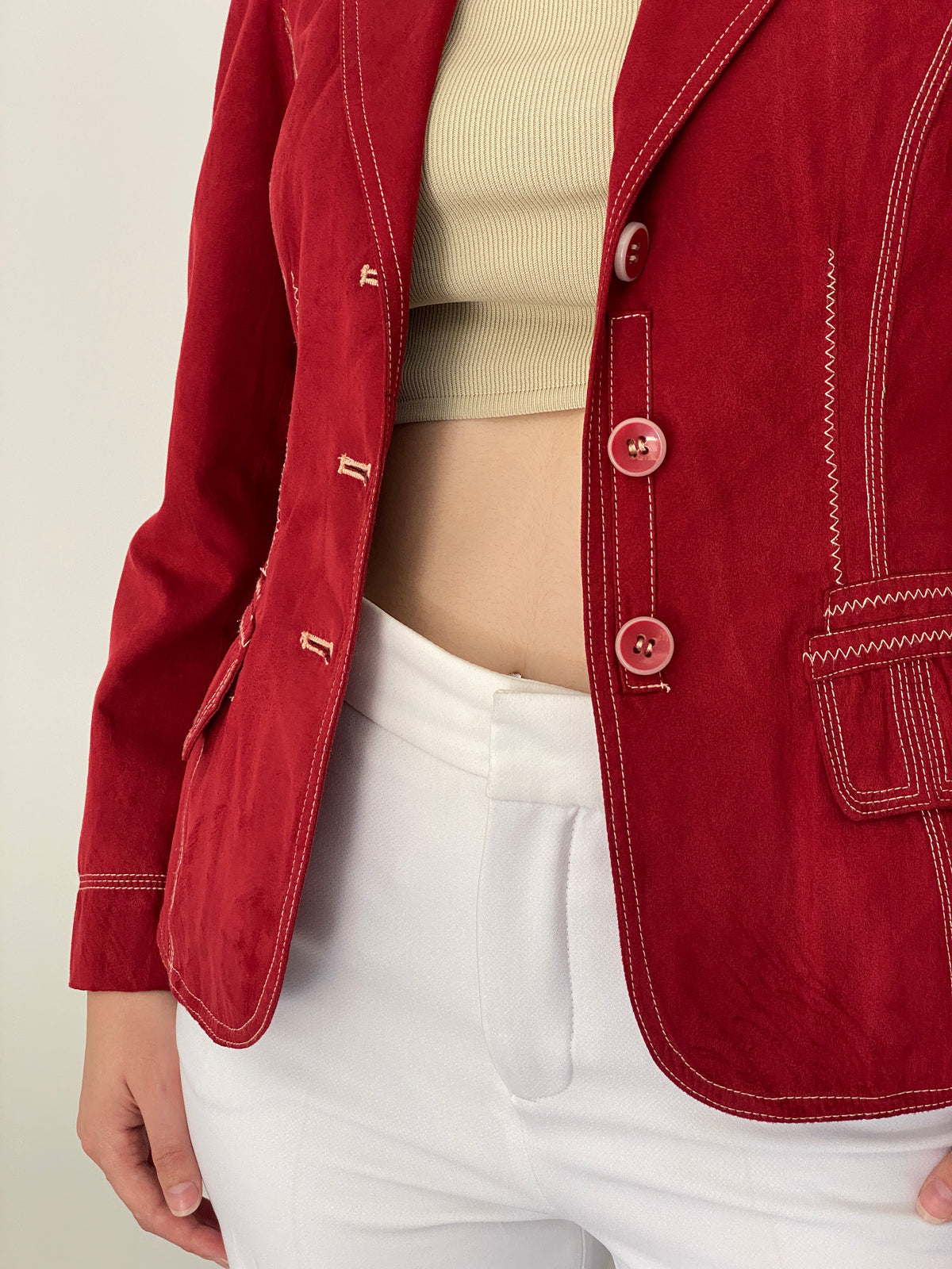 Vintage Baroness Woman Red Faux Suede Contrast Stitch Tailored Blazer – L
