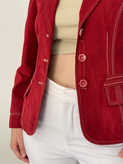 Vintage Baroness Woman Red Faux Suede Contrast Stitch Tailored Blazer – L