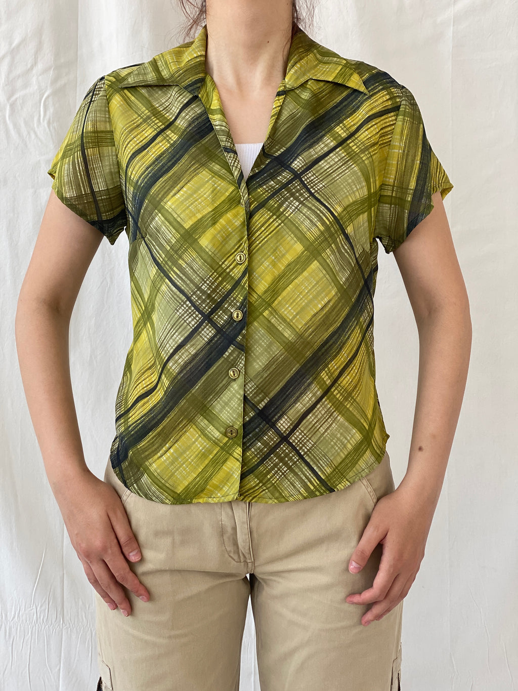 Vintage Blue Diamond Green Check Plaid Women’s Half Sleeve Shirt - M